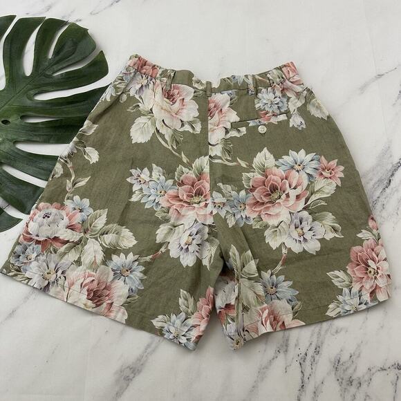 Evan Picone Womens Vintage 90s Linen Shorts Size 6 Green Pink Floral Pleated - Picture 6 of 9